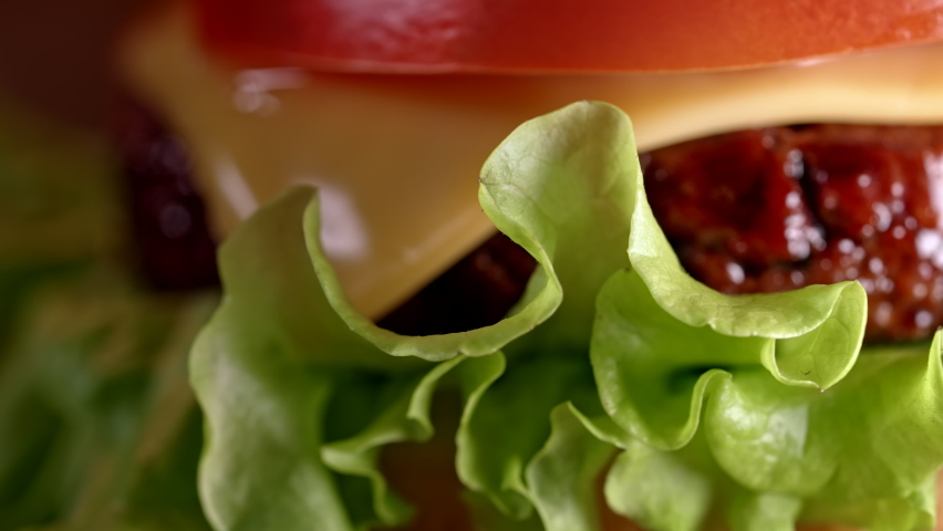 Close-up view of veggie burger with plant-based meat cutlet. Soybean fake patty, gluten free, non-meat vegetarian and vegan food concept. Royalty-Free Stock Footage #1086276347