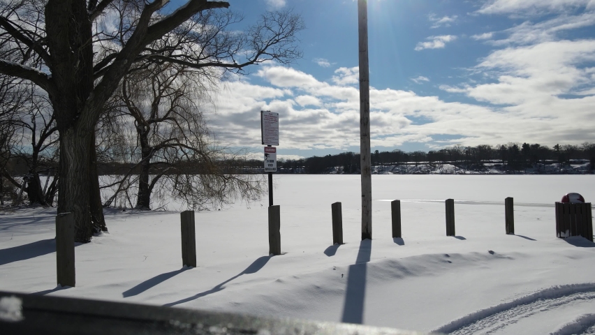 View of an ice covered lake in Muskegon, MI.