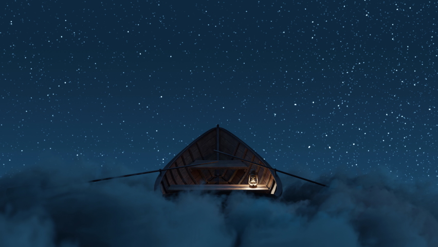 Loop of abandoned wooden boat over fluffy night clouds and starry sky Royalty-Free Stock Footage #1086287141