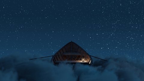 Loop of abandoned wooden boat over fluffy night clouds and starry sky