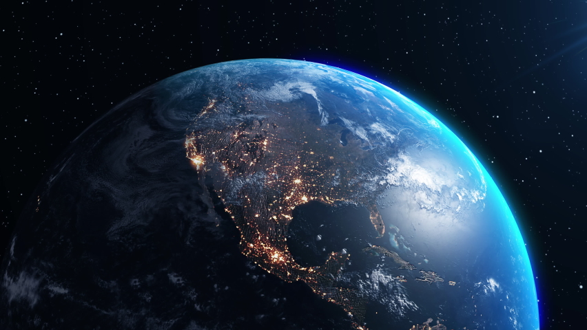 Planet earth 3D orbital animation with realistic geography surface and clouds atmosphere . Spinning world globe sphere showing continents and ocean view .