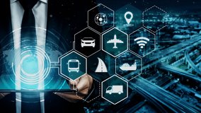 Smart transport technology concept for future car traffic on newish city road . Virtual intelligent system makes digital information analysis to connect data of vehicle on city street . - Powered by Shutterstock - Get 15% off with code: PIKWIZARD15
