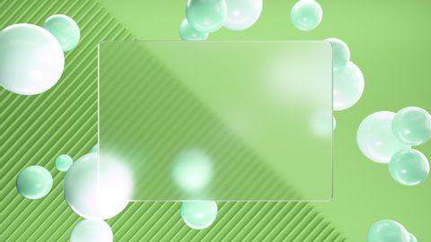 Frosted square glass for inscriptions or logos with green round spheres on a background of green 3D lines and half a blank wall. Abstract rendering of intro video. Seamless looping animation.