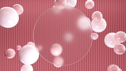 Frosted circle glass for inscriptions or logos with pastel red round spheres on a background of red 3D lines on the wall. Abstract rendering of intro video. Seamless looping animation.