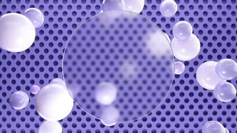 Frosted circle glass for inscriptions or logos with purple round spheres on a background of purple 3D round grid on the wall. Abstract rendering of intro video. Seamless looping animation.