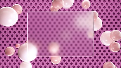 Frosted square glass for inscriptions or logos with red round spheres on a background of pink 3D round grid on the wall. Abstract rendering of intro video. Seamless looping animation.