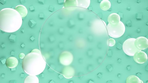 Frosted circle glass for inscriptions or logos with green round spheres on a background of cayan 3D cubes on the wall. Abstract rendering of intro video. Seamless looping animation.