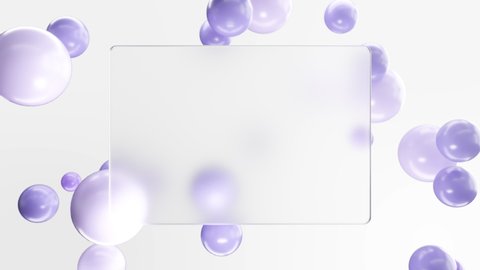 Frosted square glass for inscriptions or logos with purple round spheres on a white background wall. Abstract rendering of intro video. Seamless looping animation.