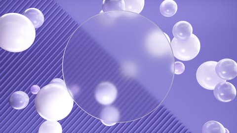 Frosted circle glass for inscriptions or logos with purple round spheres on a background of purple 3D lines and half a blank wall. Abstract rendering of intro video. Seamless looping animation.