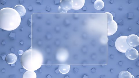 Frosted square glass for inscriptions or logos with blue round spheres on a background of blue 3D cubes on the wall. Abstract rendering of intro video. Seamless looping animation.