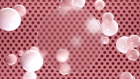 Frosted circle glass for inscriptions or logos with red round spheres on a background of pastel red 3D round grid on the wall. Abstract rendering of intro video. Seamless looping animation.