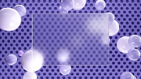 Frosted square glass for inscriptions or logos with purple round spheres on a background of purple 3D round grid on the wall. Abstract rendering of intro video. Seamless looping animation.