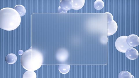 Frosted square glass for inscriptions or logos with blue round spheres on a background of blue 3D lines on the wall. Abstract rendering of intro video. Seamless looping animation.