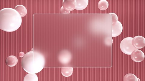 Frosted square glass for inscriptions or logos with red round spheres on a background of red 3D lines on the wall. Abstract rendering of intro video. Seamless looping animation.