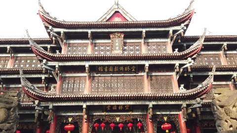 Chengdu, Sichuan province, China -Jan 29, 2022 : Wenshu monastery temple and library building low angle view