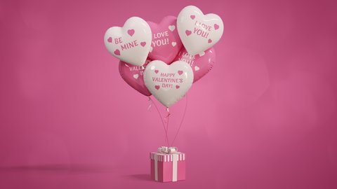 Valentine’s Day festive balloons tied to present boxes or gifts dynamic rotation. Pink, white colored heart shaped balloons with signs, pink background. Abstract romantic greeting. 3D Render 4K clip