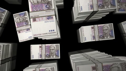Croatia Kuna money pack loop. Flight over HRK banknotes stacks top view. 3d loopable seamless animation. Abstract background concept of economy, crisis, business and finance.