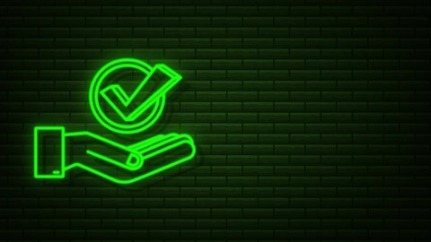 Neon Check mark hanging over hands. Green approved star sticker. motion graphic