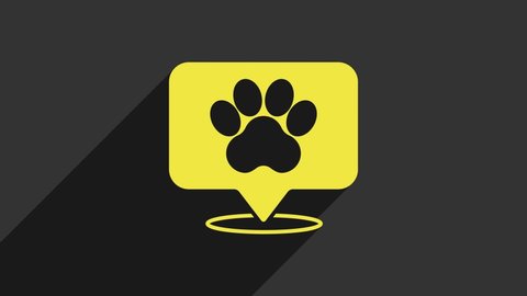 Yellow Map pointer with veterinary medicine hospital, clinic or pet shop for animals icon isolated on grey background. Veterinarian clinic. 4K Video motion graphic animation.