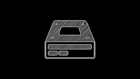 White line Optical disc drive icon isolated on black background. CD DVD laptop tray drive for read and write data disc. 4K Video motion graphic animation.