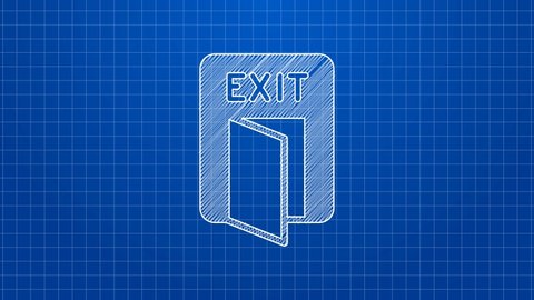 White line Fire exit icon isolated on blue background. Fire emergency icon. 4K Video motion graphic animation.