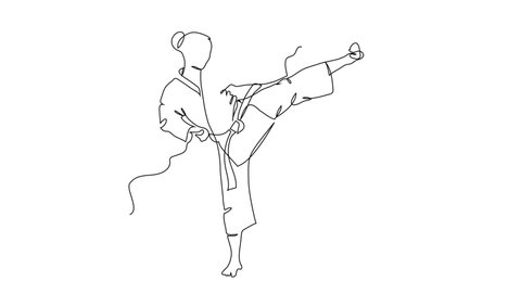 Karate. Fighting woman wearing kimono drawing with continuous line, quick sketch, combat and martial arts concept, minimalist vector illustration 