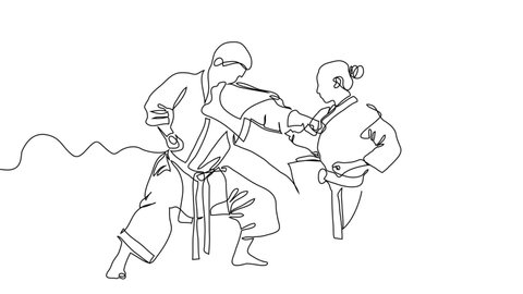 Karate. Fighting woman wearing kimono drawing with continuous line, quick sketch, combat and martial arts concept, minimalist vector illustration 
