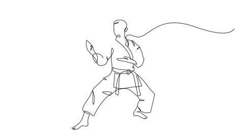Karate. Fighting man and woman wearing kimono drawing with continuous line, quick sketch, combat and martial arts concept, minimalist vector illustration 