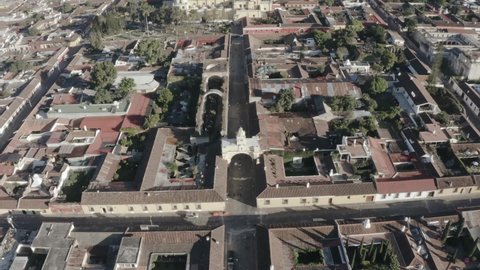 top view of Santa Catalina Arch in Antigua Guatemala - aerial shot of Antigua Guatemala