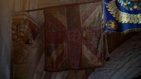 Norwich, Norfolk, United Kingdom. Circa September 2021. Regimental and Battalion Colours of the Royal Norfolk and Royal Anglian Regiments in the Royal Norfolk Regimental Chapel, Norwich Cathedral.