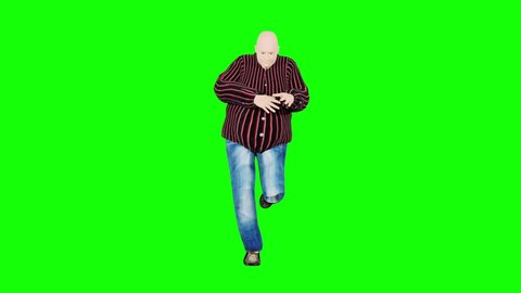 Bald fat man salsa dancing with green screen background. 3d of bald fat man with red and black stripe shirt and blue jeans. Funny silly fat man dancing in fron of green screen. Green screen fat dancer