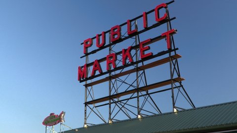 PIKE PLACE MARKET, SEATTLE, WASHINGTON, USA – 29 JULY 2019 Pike Place Public Market Sign, Seattle, Washington, USA