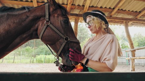 horse care. equestrian sport hobby. beautiful rider girl, horsewoman is stroking and hugging her horse at horse farm or rancho.Tenderness, love and friendship concept.