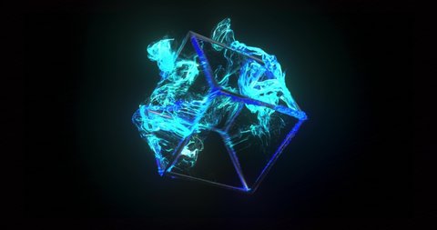 Abstract cube and blue particle flow. rotation of a cube and fluid dynamic. 4K loop, 3D rendering