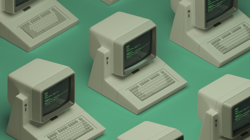 Old PC or personal computers with keyboard dynamic motion. Abstract 3D Render pattern. Source code on screens, displays. Green, white colors. Vintage 80s, 90s retro style 4K seamless loop animation