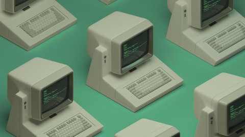 Old PC or personal computers with keyboard dynamic motion. Abstract 3D Render pattern. Source code on screens, displays. Green, white colors. Vintage 80s, 90s retro style 4K seamless loop animation Adlı Stok Video