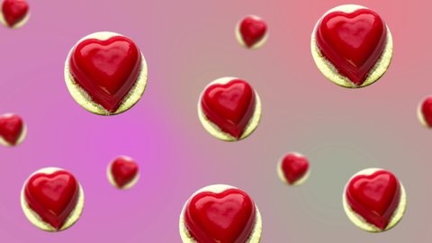 Minimal motion design 4k food animation. Heart shaped mousse cheese cake decorated red chocolat icing animated wiggle and move at trending multi colored gradient background. High quality 4k 