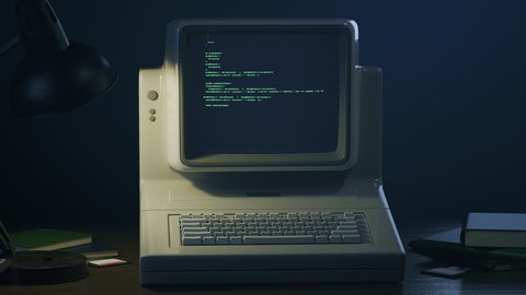 Old personal computer or PC with source code running on screen, display. Dynamic noise, glitch effects. Table lamp light blinking. Retro style composition. Vintage 70s, 80s monitor 3D Render animation Adlı Stok Video