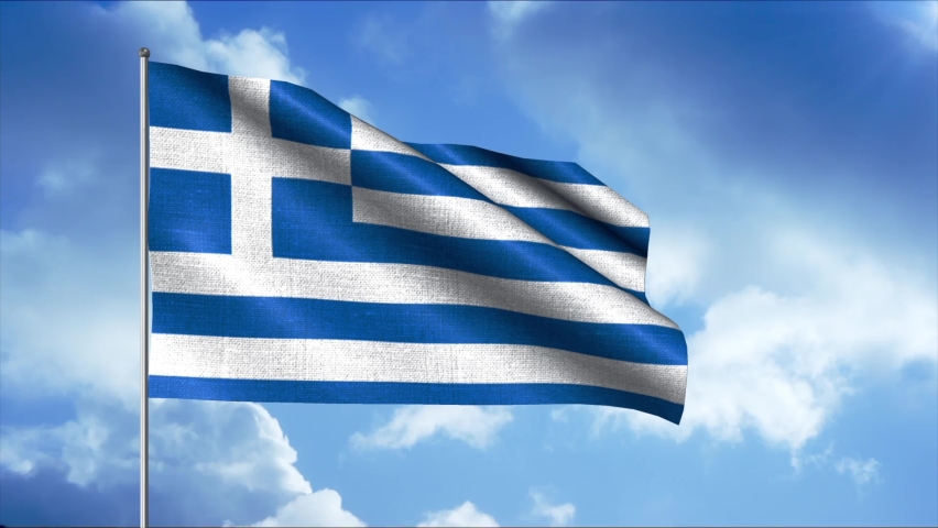 The waving flag of Greece. Motion. A beautiful flag with blue and white shades on a blue sky.