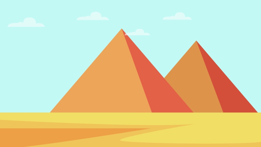 Happy young woman animation takes pyramid photo with digital camera while enjoying holiday on the desert. Cartoon in 4k resolution