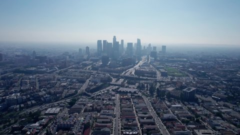 Los Angeles Downtown Cinematic Drone Footage of Top View Freeway 110 and Traffic