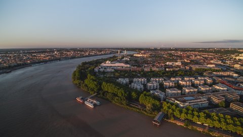 Delicious colors of sunset, Establishing Aerial View Shot of Bordeaux Fr, world capital of wine, Nouvelle-Aquitaine, France