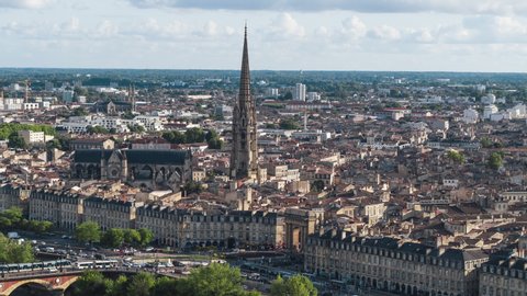 Basilica of St. Michael day, Establishing Aerial View Shot of Bordeaux Fr, world capital of wine, Nouvelle-Aquitaine, France