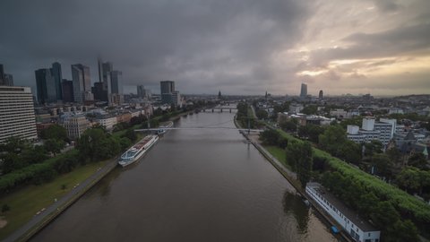 Frankfurt, Germany - circa 2021 - Hazy, Foggy, Cloudy, Establishing Aerial View Shot of Frankfurt am Main De, financial capital of Europe, Hesse, Germany, Push back in thick air