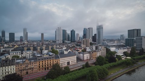 Hazy, Foggy, Cloudy, Establishing Aerial View Shot of Frankfurt am Main De, financial capital of Europe, Hesse, Germany, wide shot