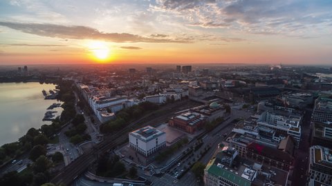 Delicious Sunrise, push in, Establishing Aerial View Shot of Hamburg De, Mecklenburg-Western Pomerania, Germany