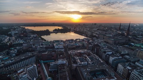 Delicious Sunrise, Port City, push in on super wide from mid old town, Establishing Aerial View Shot of Hamburg De, Mecklenburg-Western Pomerania, Germany