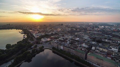 Delicious Sunrise, Port City, push in, Establishing Aerial View Shot of Hamburg De, Mecklenburg-Western Pomerania, Germany