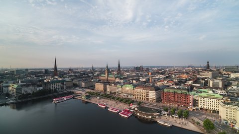Establishing Aerial View Shot of Hamburg De, Mecklenburg-Western Pomerania, Germany, morning, rise and push