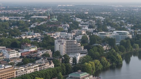 Hamburg, Germany - circa 2021 - Establishing Aerial View Shot of Hamburg De, Mecklenburg-Western Pomerania, Germany, generic view